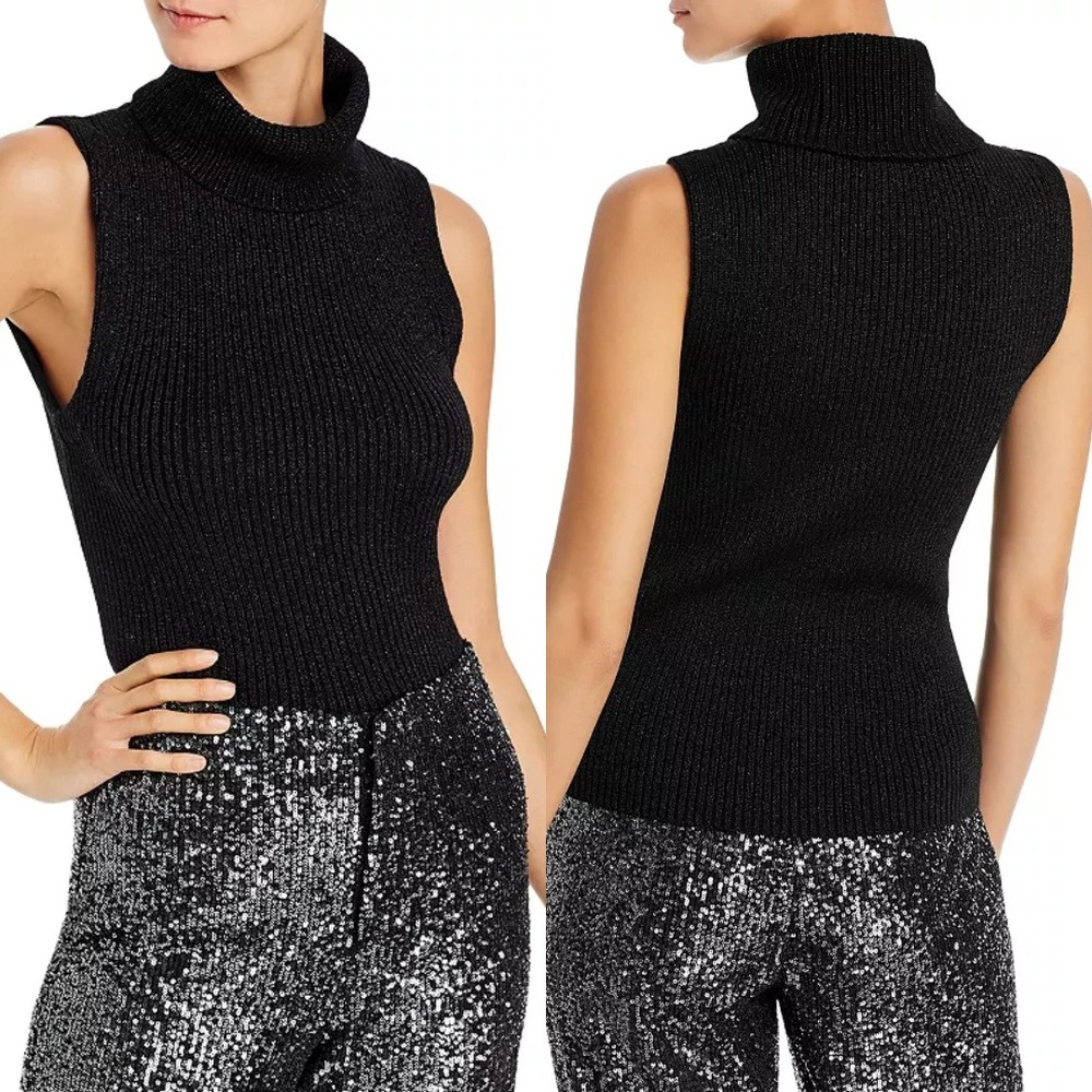 Alice + Olivia Black‎ Metallic Darcey Sleeveless Turtleneck Sweater